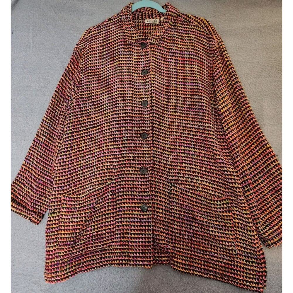 Vintage Chicos Design Silk Blazer Jacket Womens 2 L Herringbone Retro 80s 90s